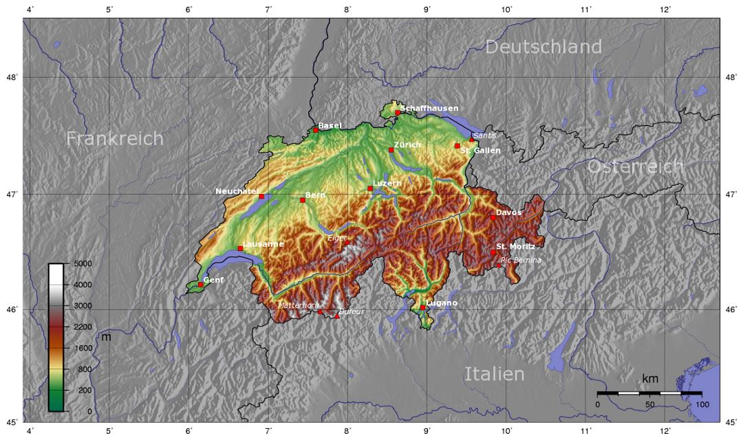 Detallado mapa topográfico de Suiza