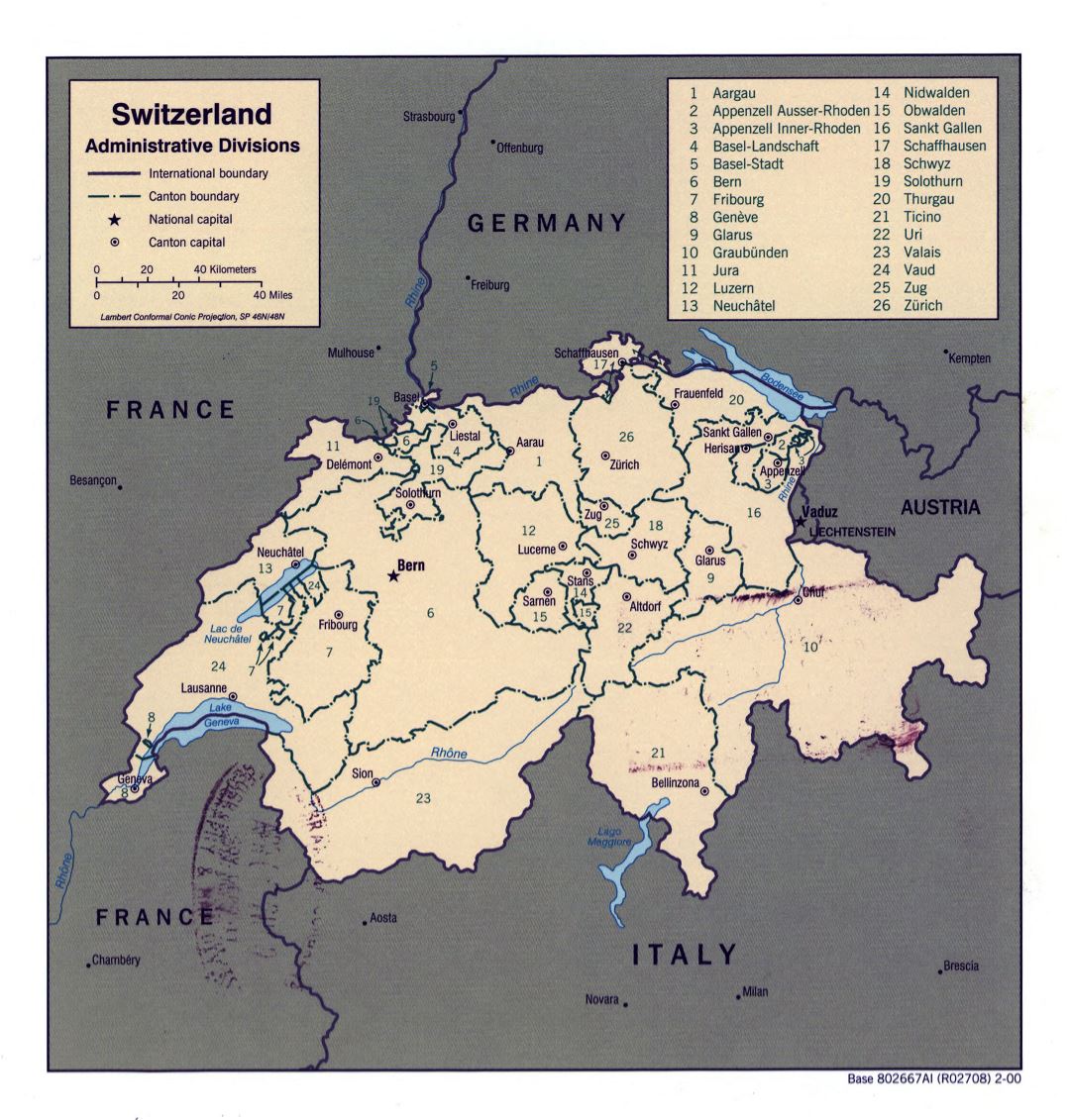 Grande detallado mapa de administrativas divisiones de Suiza - 2000