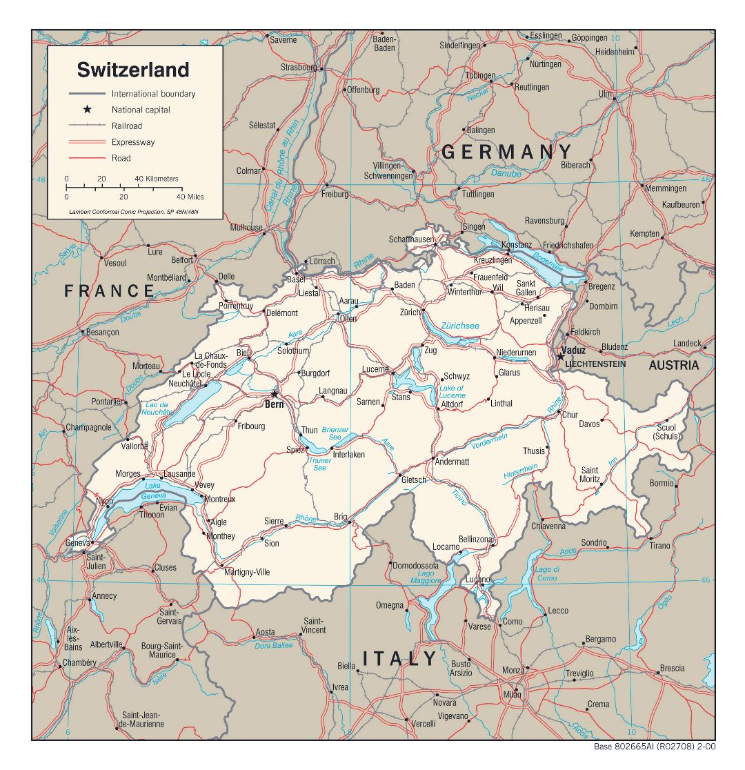 Grande detallado mapa político de Suiza con carreteras, ferrocarriles y principales ciudades - 2000