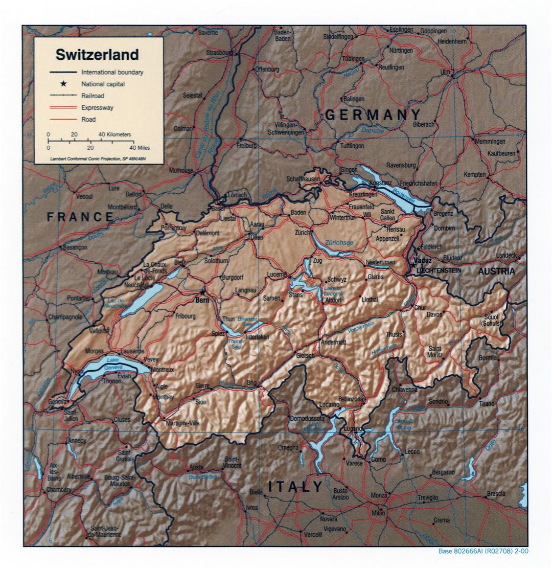Grande detallado mapa político de Suiza con relieve - 2000