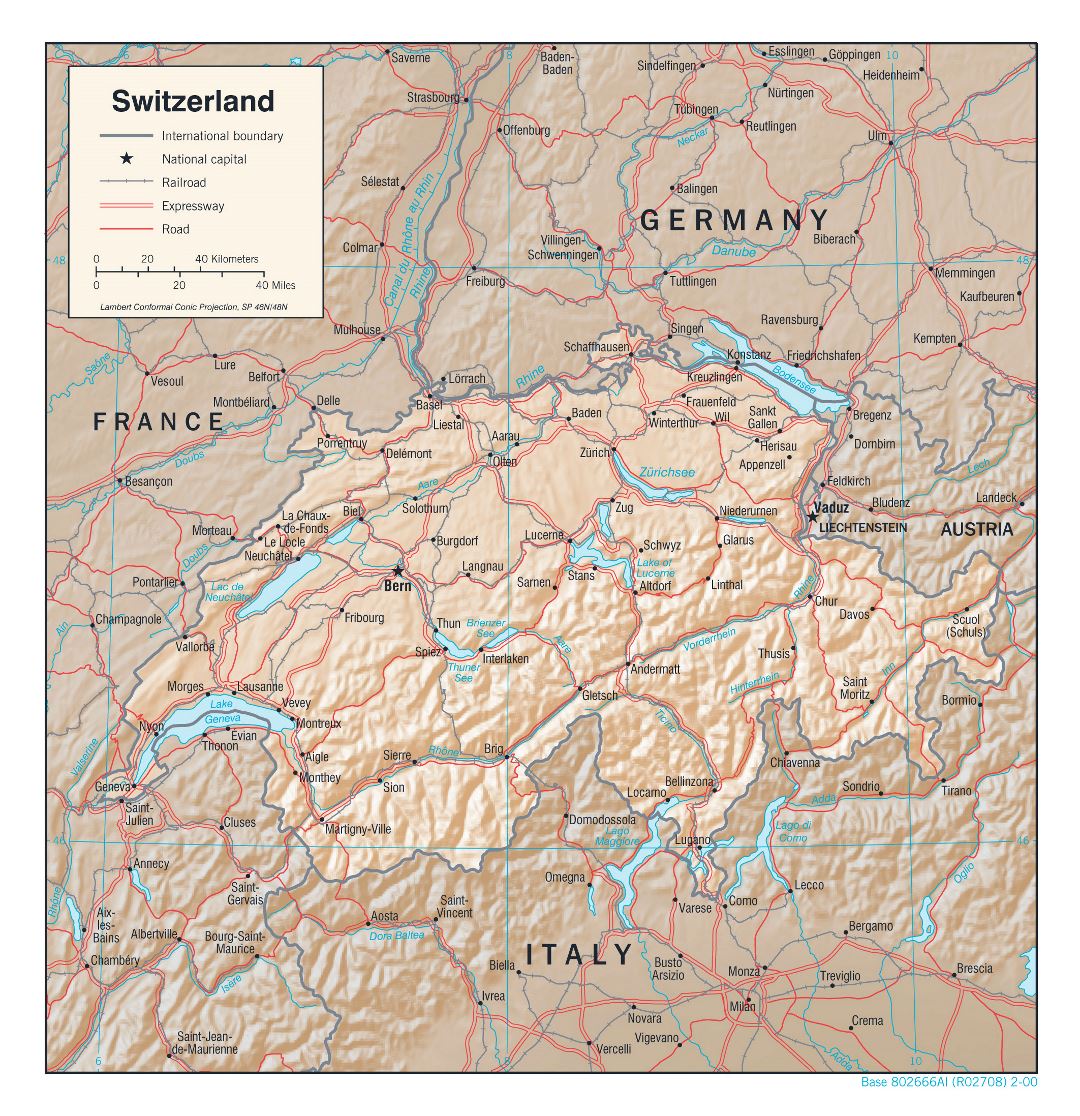 Grande detallado mapa político de Suiza con relieve, carreteras, ferrocarriles y principales ciudades - 2000