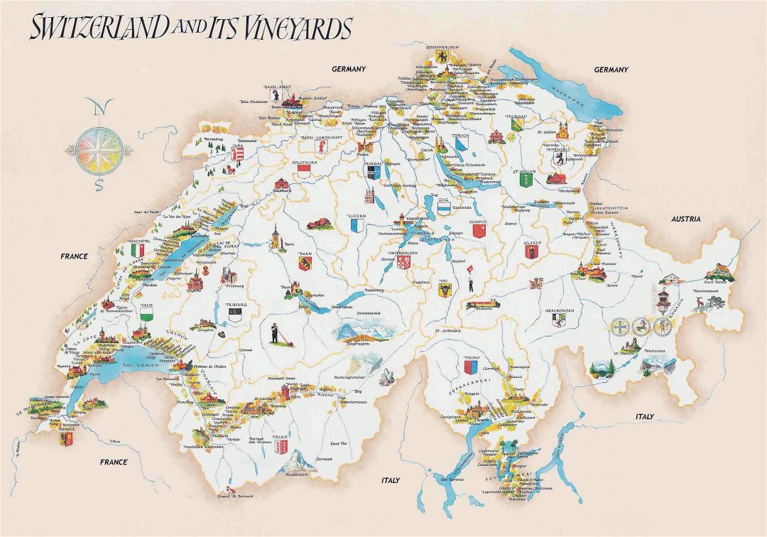 Grande detallado mapa turístico ilustrado de Suiza