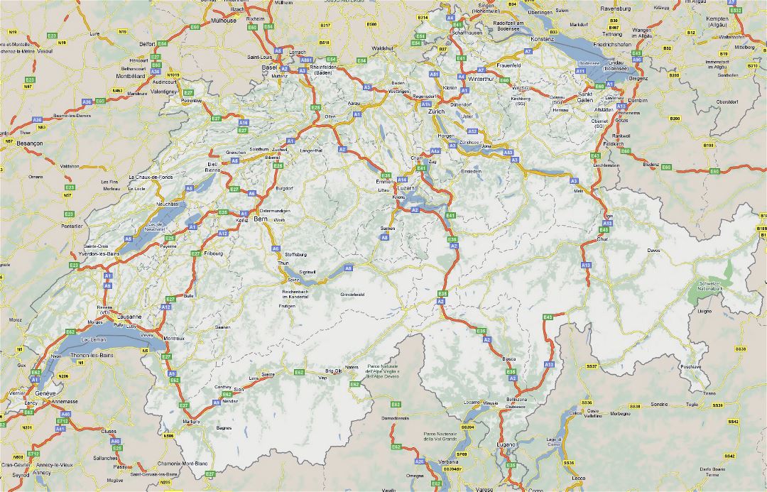 Grande hoja de ruta de Suiza con ciudades