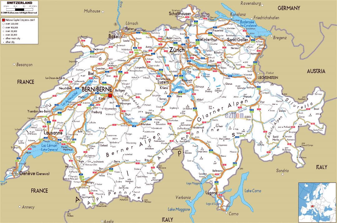 Grande hoja de ruta de Suiza con ciudades y aeropuertos