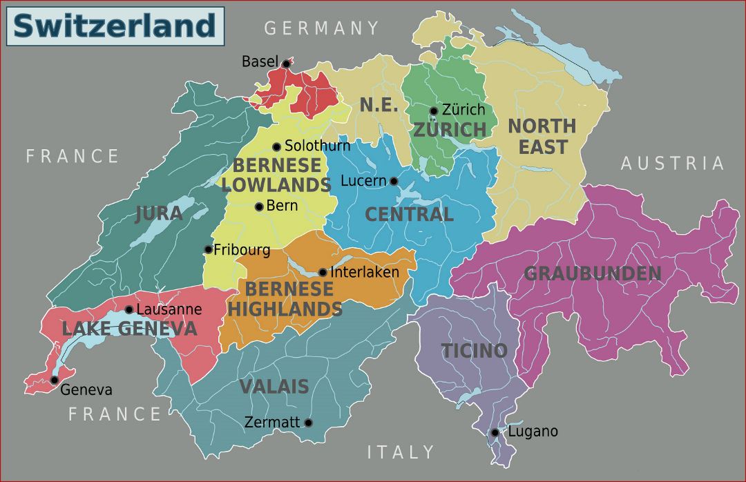 Grande mapa de regiones de Suiza