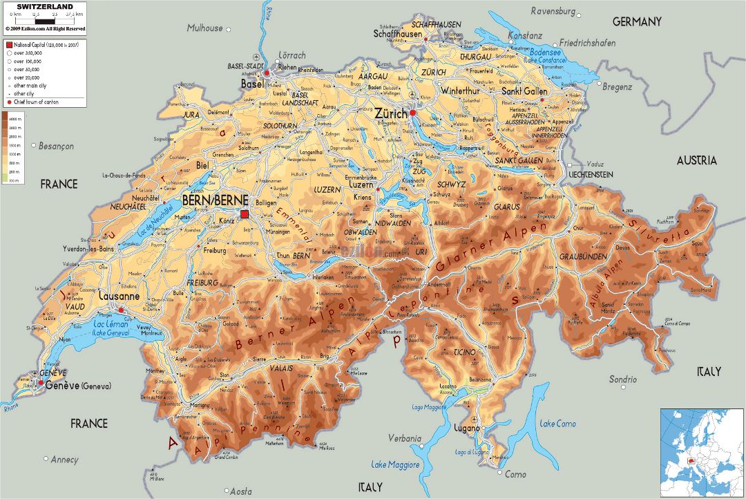 Grande mapa físico de Suiza con carreteras, ciudades y aeropuertos