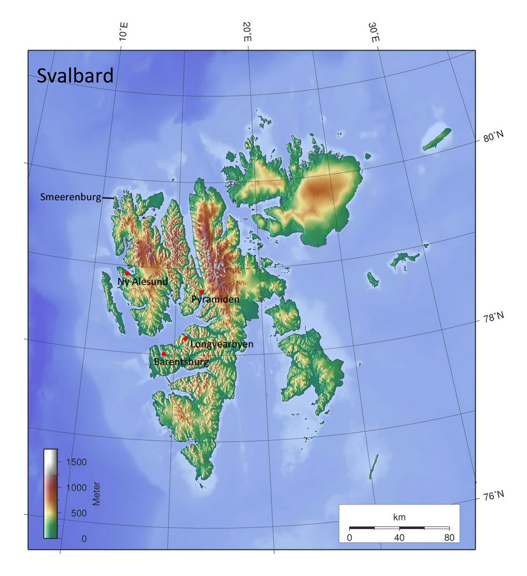 Detallado mapa de elevación de Svalbard
