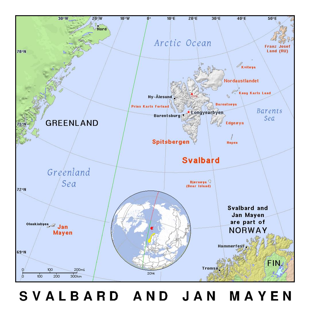 Detallado mapa político de Svalbard y Jan Mayen con alivio