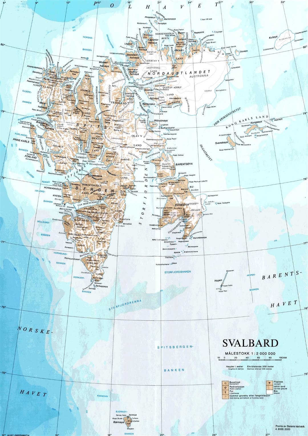 Grande detallado mapa de Svalbard con relieve y otras marcas