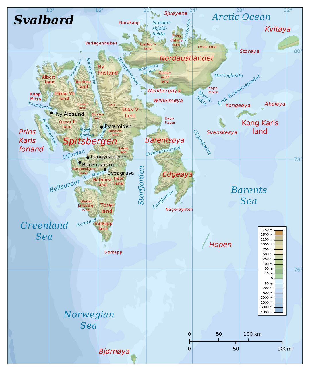 Grande detallado mapa físico de Svalbard