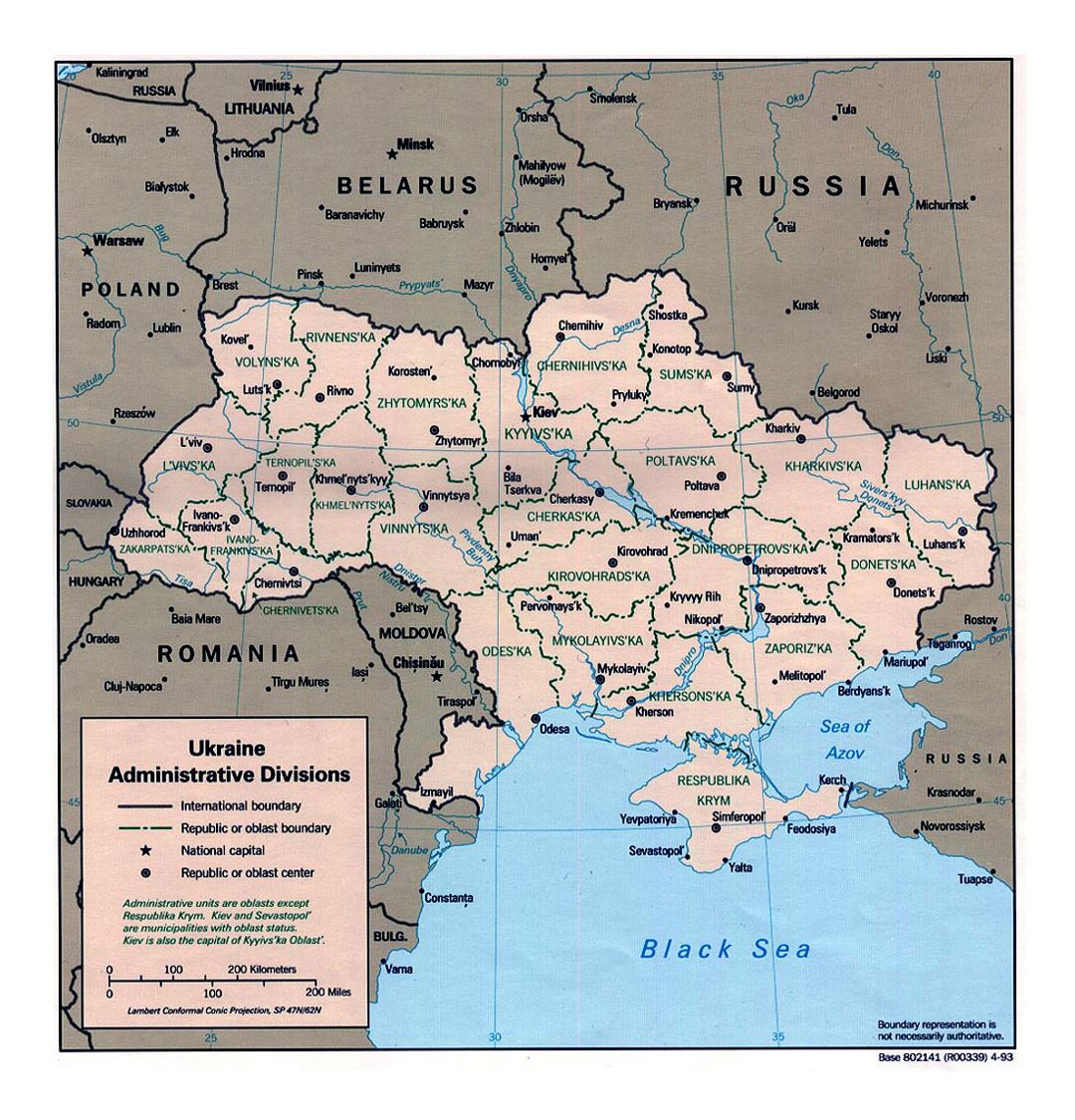 Detallado mapa de administrativas divisiones de Ucrania - 1993