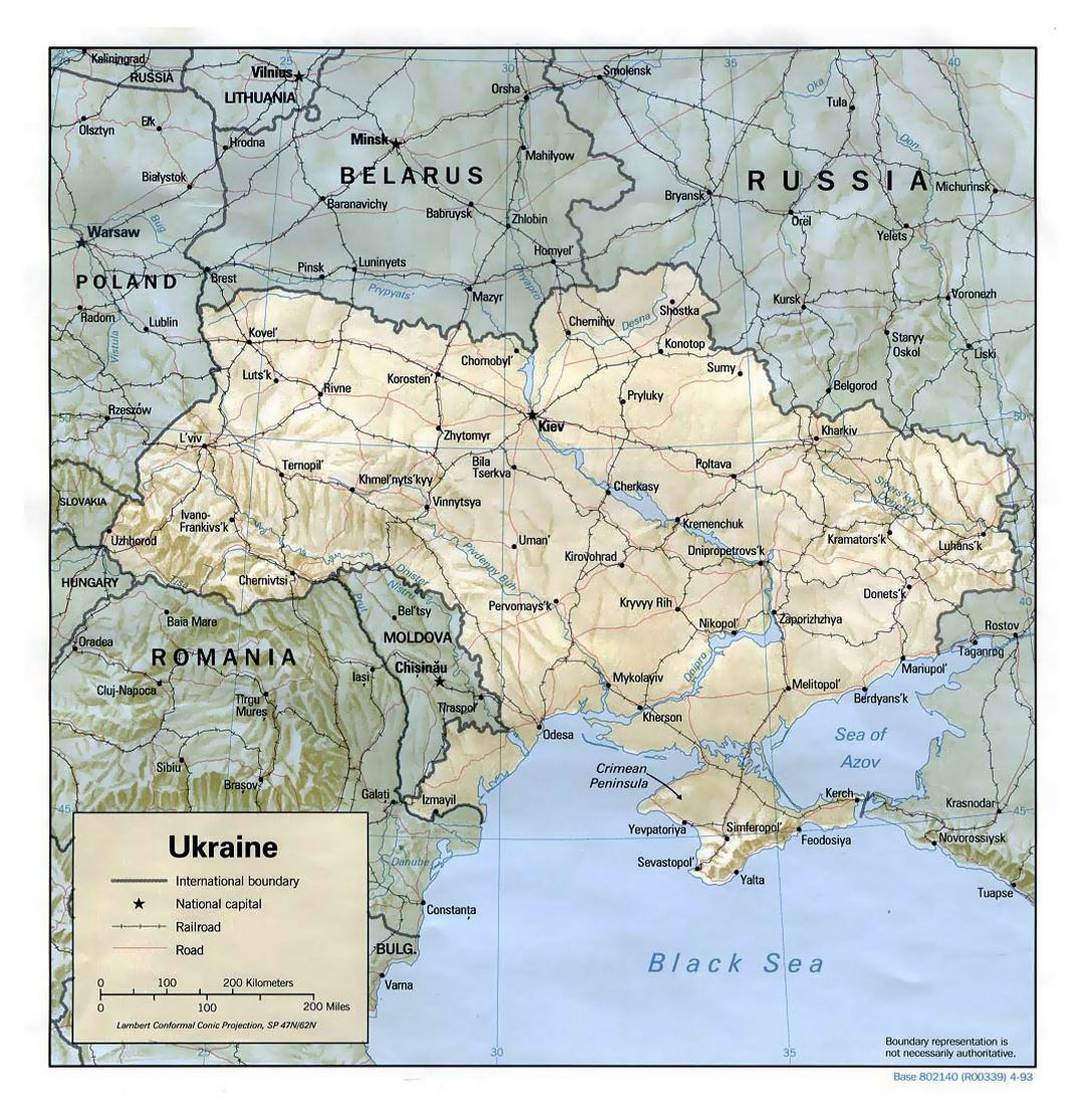 Detallado mapa político de Ucrania con relieve, carreteras, ferrocarriles y principales ciudades - 1993