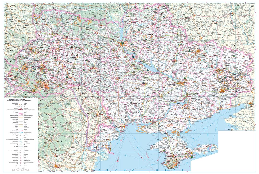 Grande detallado carreteras y turístico mapa de Ucrania en ucraniano