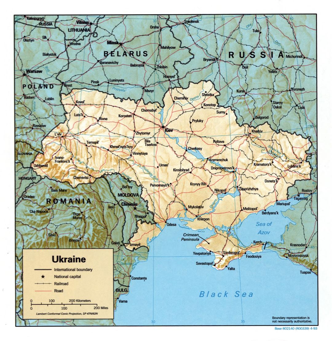 Grande detallado mapa político de Ucrania con relieve, carreteras, ferrocarriles y principales ciudades - 1993