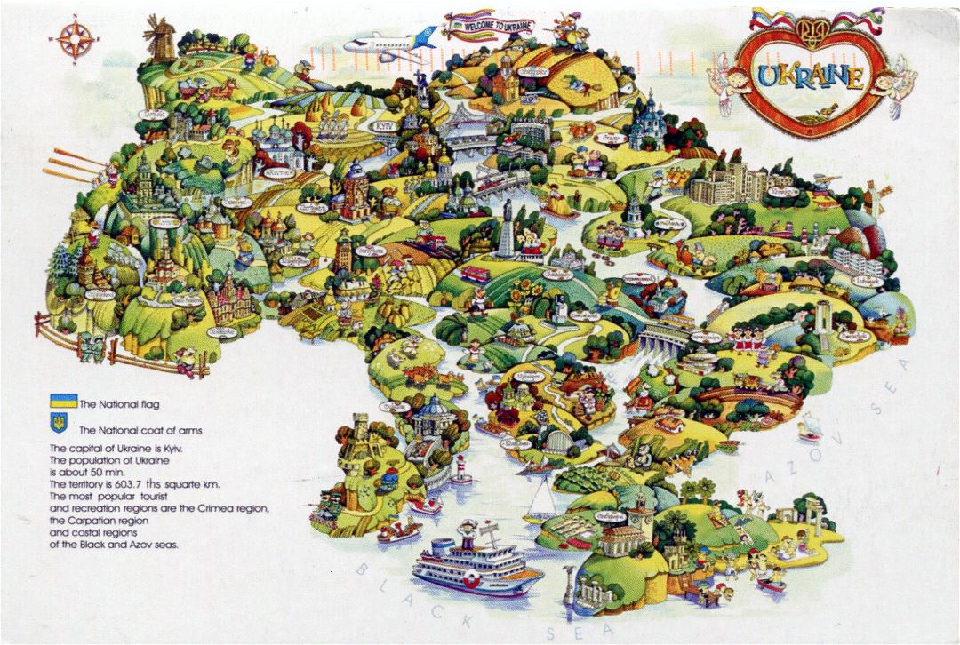 Grande mapa ilustrado turístico de Ucrania
