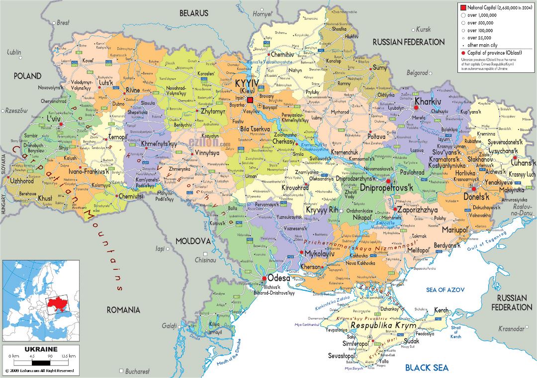 Grande mapa político y administrativo de Ucrania con carreteras, ciudades y aeropuertos
