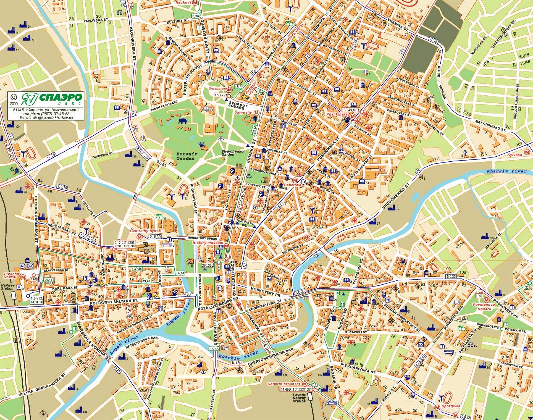 Detallado mapa del centro de la ciudad de Járkov con edificios