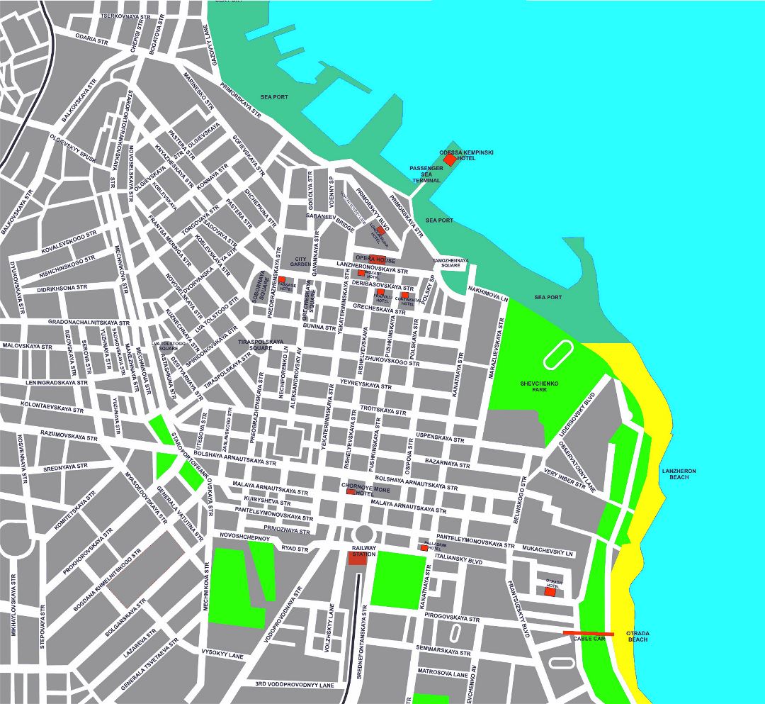 Detallado mapa de los hoteles del centro de ciudad de Odessa en inglés