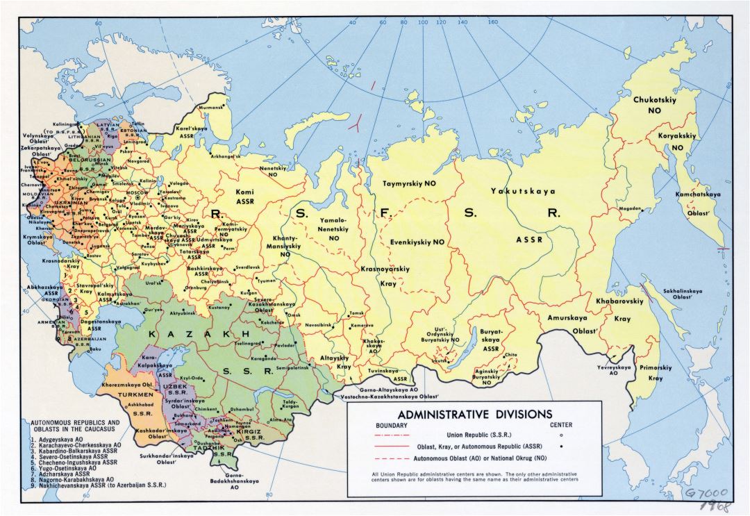 A gran escala mapa de administrativas divisiones de la URSS - 1968