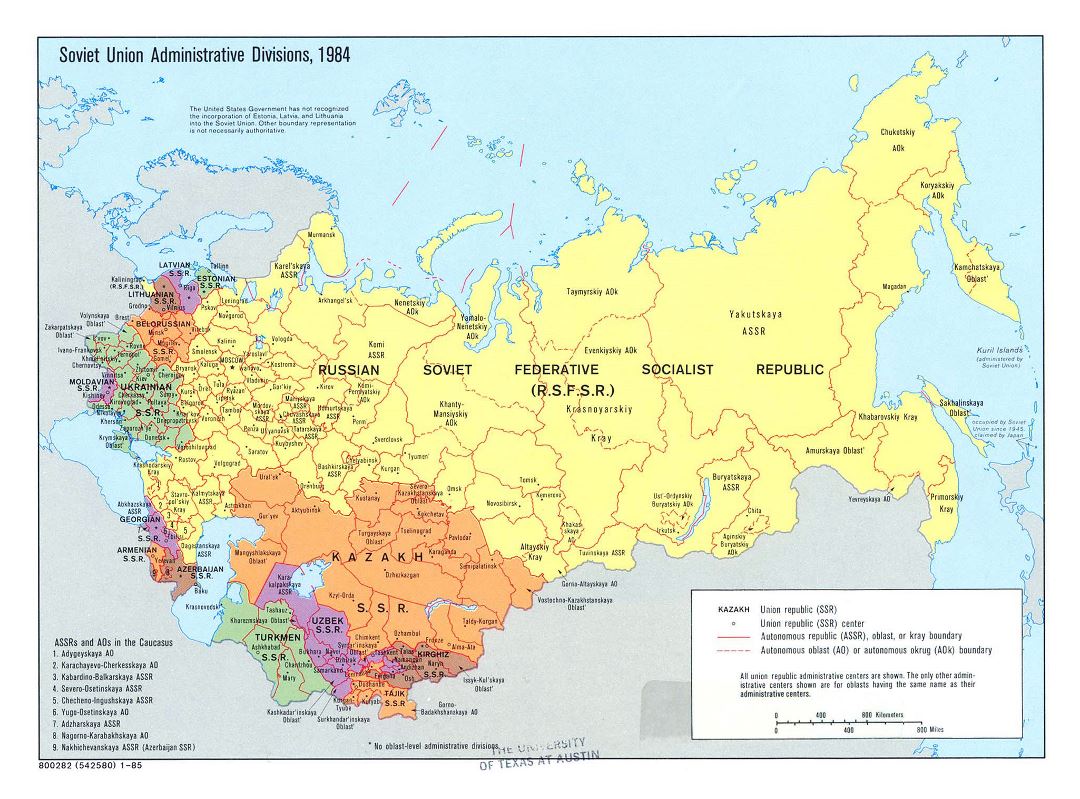 Grande detallado mapa de administrativas divisiones de la Unión Soviética (URSS) - 1984