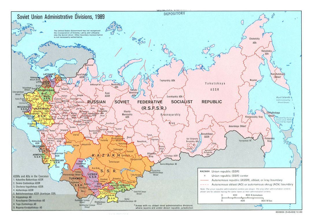 Grande detallado mapa de administrativas divisiones de la Unión Soviética - 1989
