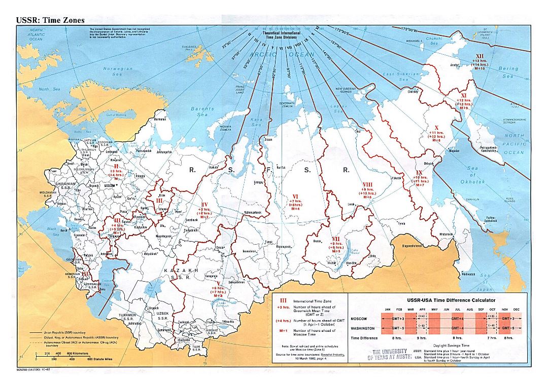 Grande detallado mapa de zonas horarias de la URSS - 1982