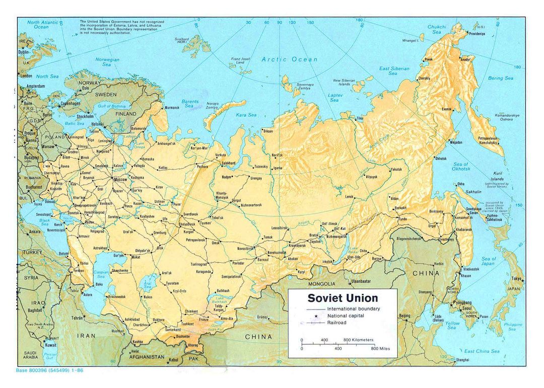 Grande mapa político de la URSS con socorro, ferrocarriles y grandes ciudades - 1986