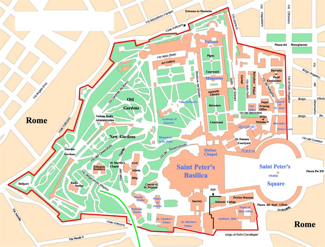 Detallado mapa político de ciudad del Vaticano con edificios