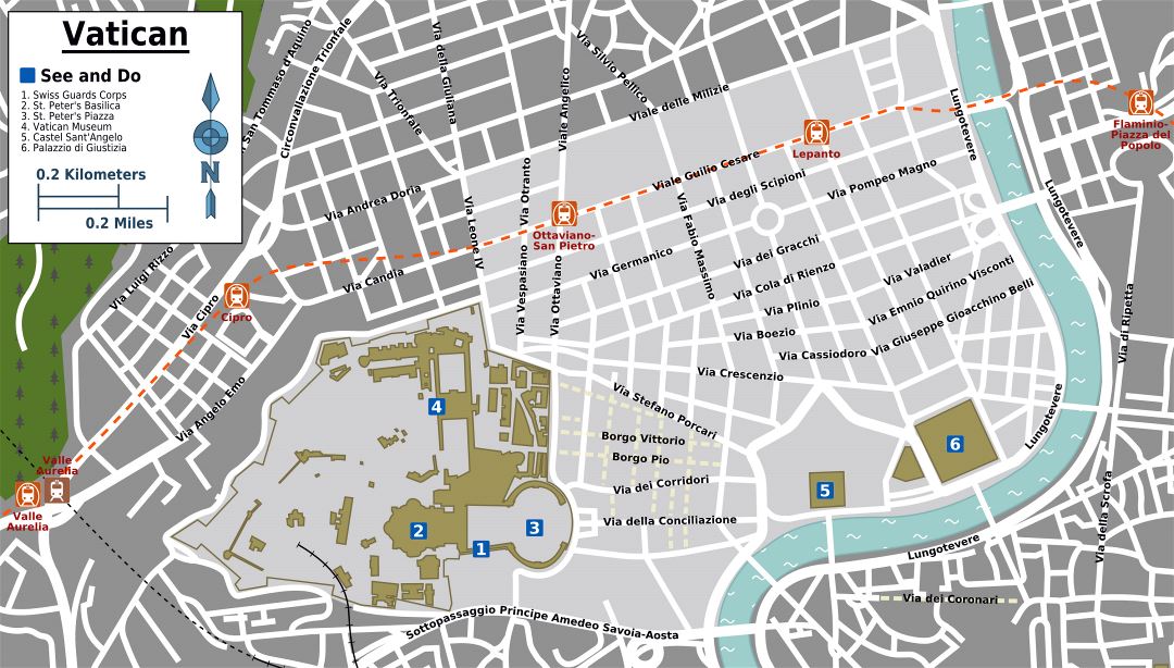 Grande mapa turístico de ciudad del Vaticano y sus alrededores