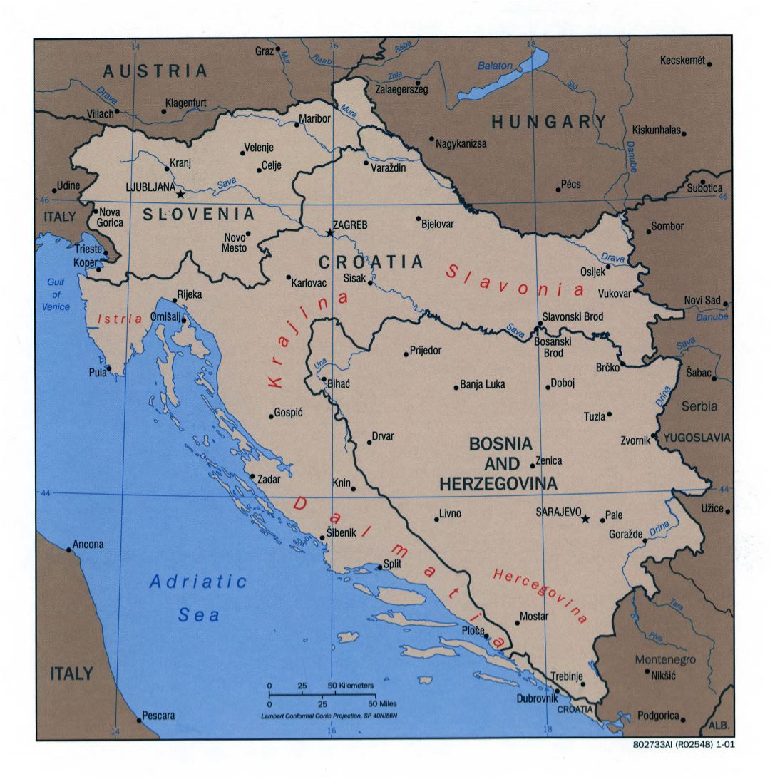 A gran escala mapa político de las antiguas repúblicas Yugoslavas occidentales - 2001