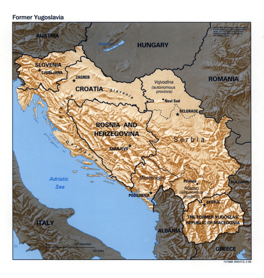 A gran escala mapa político de Yugoslavia con alivio - 1996