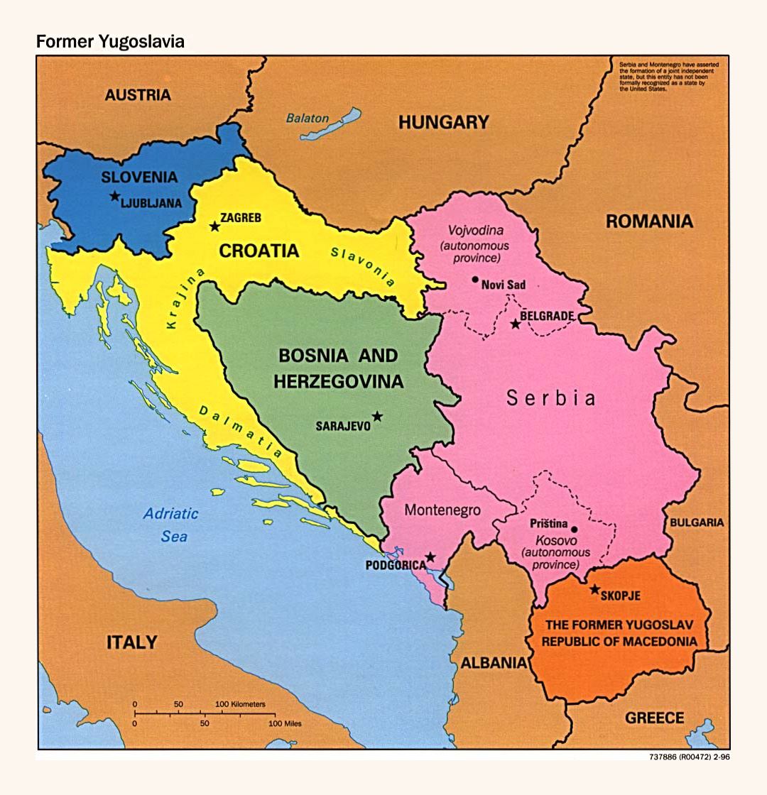 Detallado mapa político de Yugoslavia - 1996