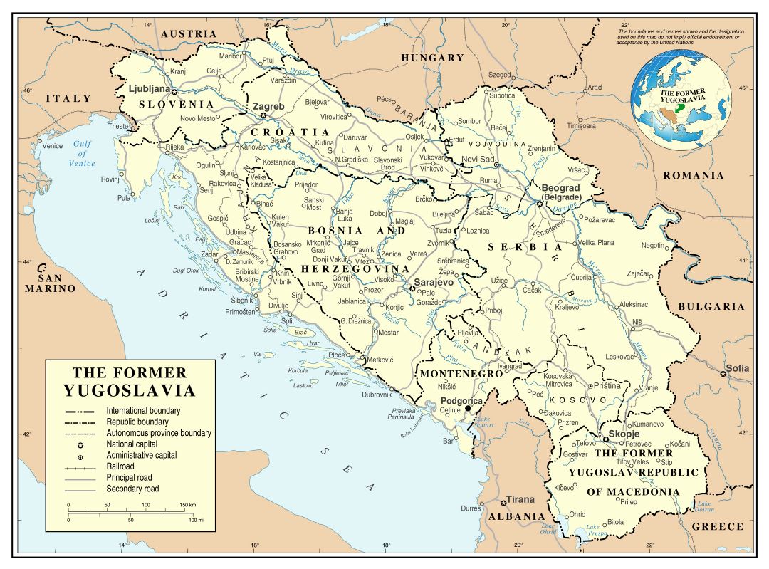 Grande detallado mapa político de Yugoslavia con carreteras, ferrocarriles y ciudades