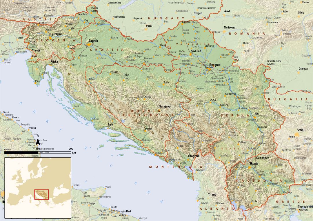 Grande detallado mapa político de Yugoslavia con relieve
