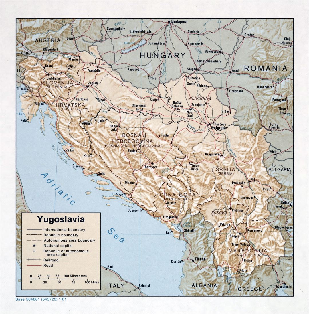 Grande detallado mapa político de Yugoslavia con socorro, carreteras, ferrocarriles y grandes ciudades - 1981