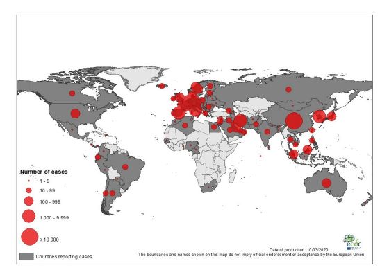 Coronavirus (Covid-19) distribución geográfica Mundo - 2020-03-10