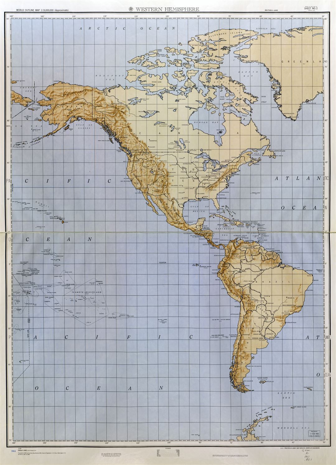 Detallado mapa a gran escala Mundial esquema de alivio - parte 1 (hemisferio occidental) 1961-1962