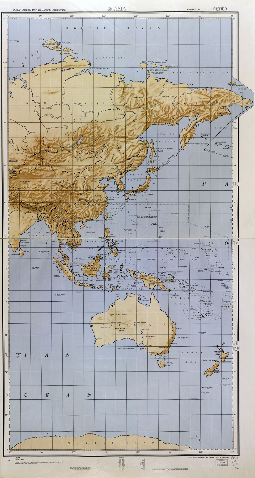 Detallado mapa a gran escala Mundial esquema de alivio - parte 3 (Asia) 1961-1962