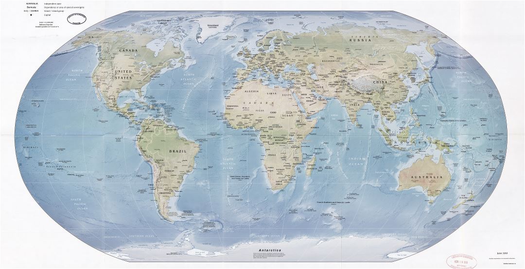 Gran escala del mapa político detallado del mundo con alivio y capitales - 2010