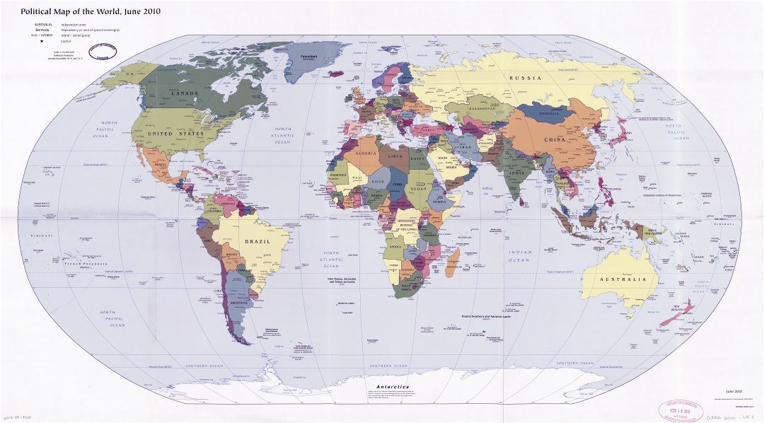 Gran escala del mapa político detallado del mundo con capitales - 2010