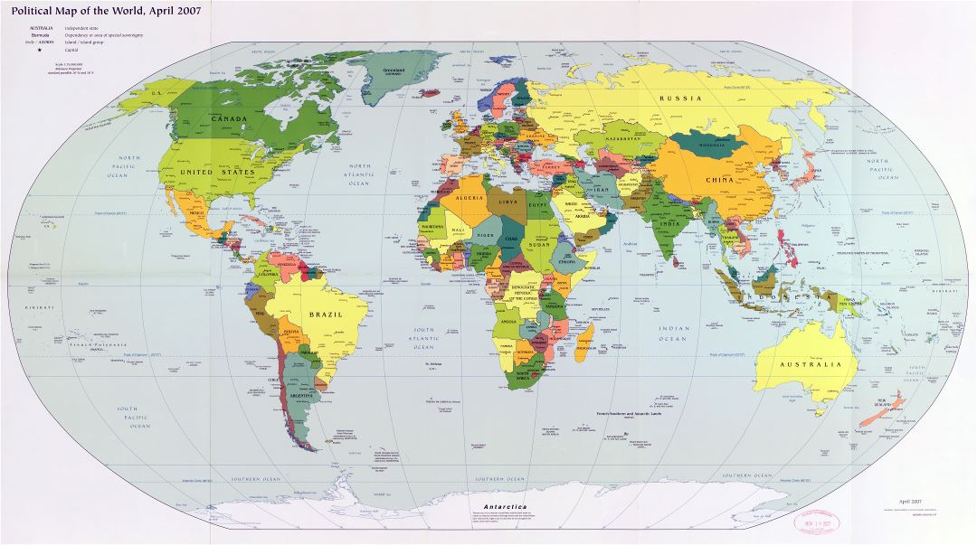 Gran escala del mapa político detallado del mundo con las principales ciudades y capitales - 2007