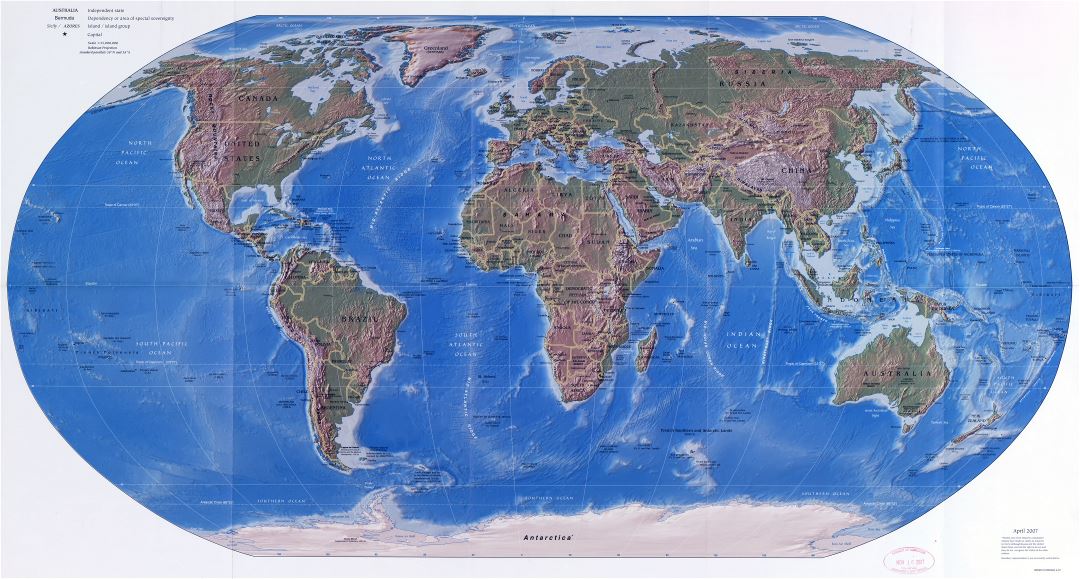 Gran escala mapa detallado de la política mundial con alivio, las principales ciudades y capitales - 2007
