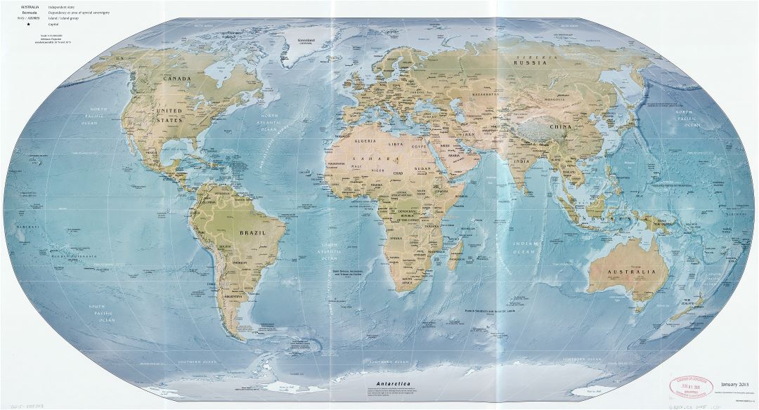 Mapa a gran escala política del mundo con alivio - 2015