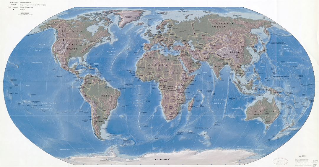 Mapa a gran escala política del mundo con alivio, las principales ciudades y capitales - 2002