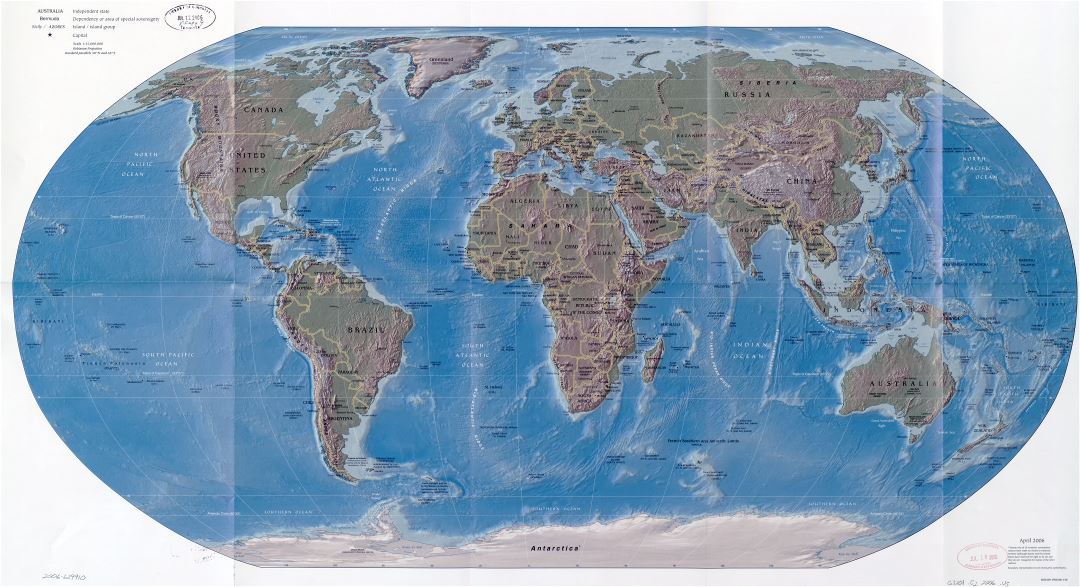 Mapa a gran escala política del mundo con alivio, las principales ciudades y capitales - 2006