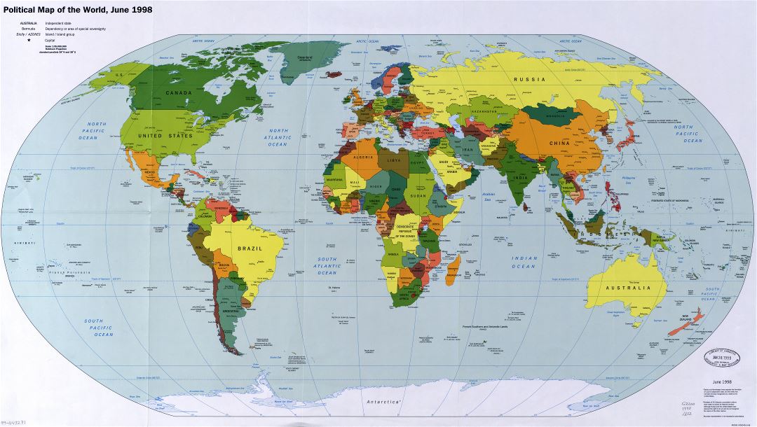 Mapa a gran escala política del mundo con las principales ciudades y capitales - 1998