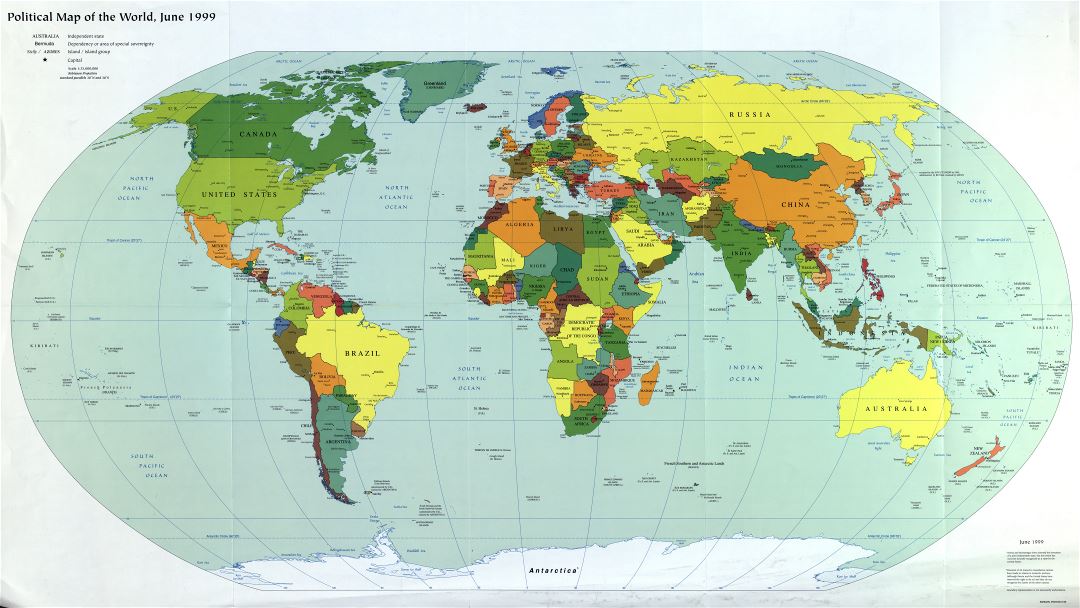 Mapa a gran escala política del mundo con las principales ciudades y capitales - 1999