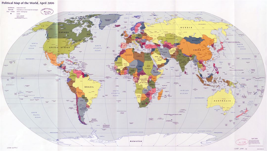Mapa a gran escala política del mundo con las principales ciudades y capitales - 2006