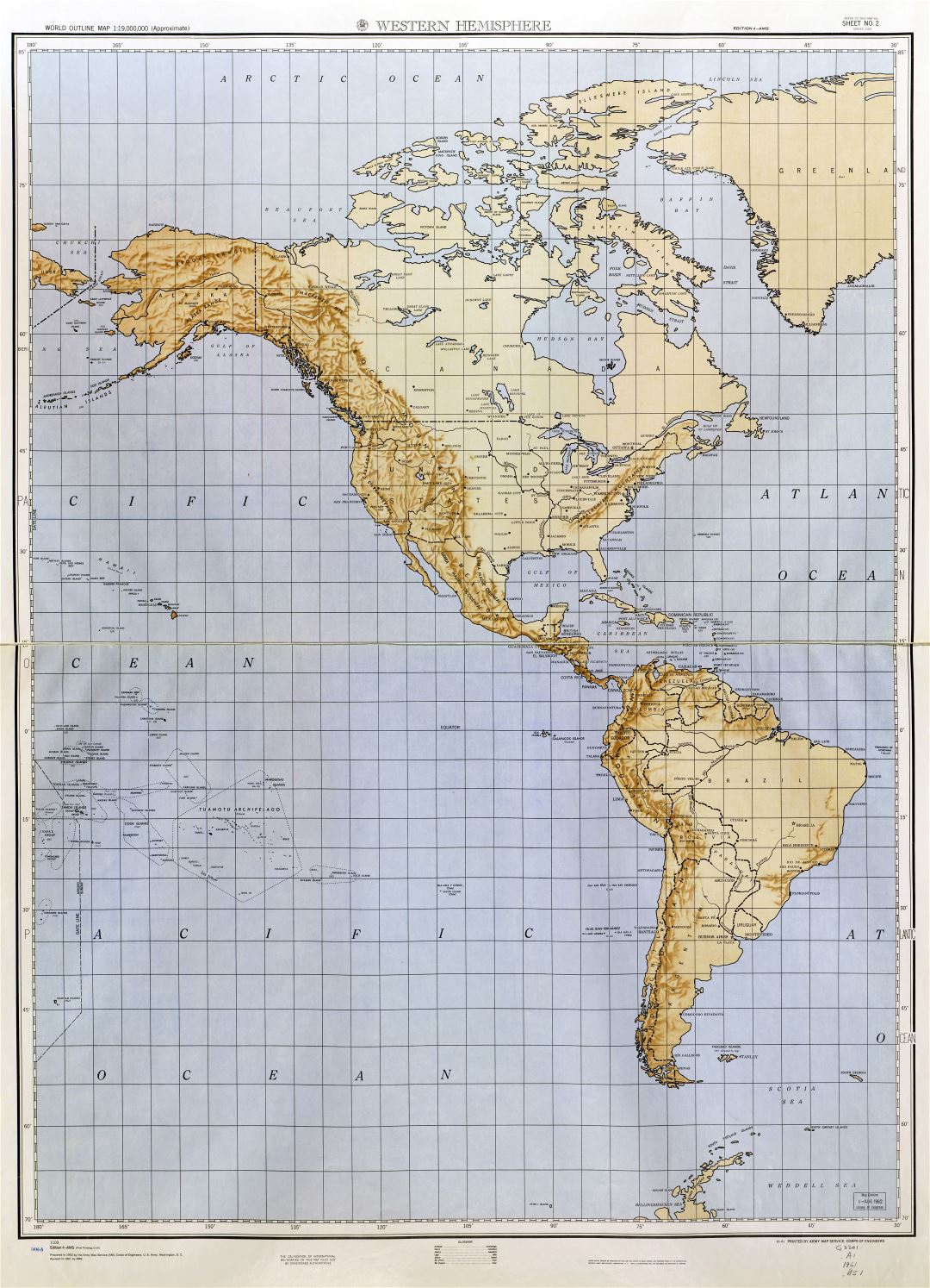 Mapa grande del contorno del mundo detallada con alivio - parte 1 (hemisferio occidental) 1961-1962