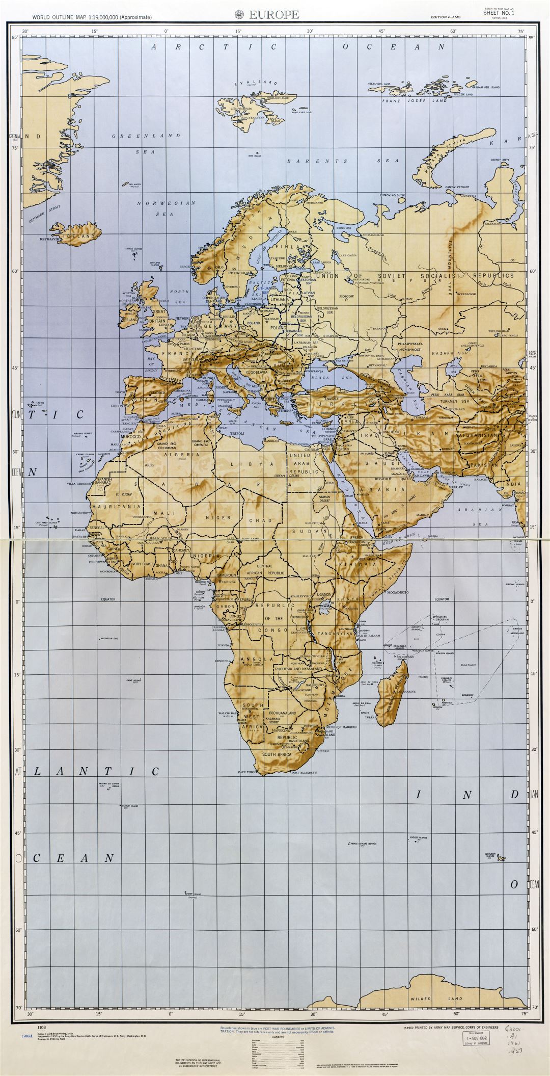 Mapa grande del contorno del mundo detallada con alivio - parte 2 (Europa) 1961-1962